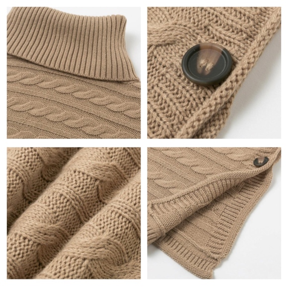 Khaki Cable Knit Turtleneck Poncho - Picture 7 of 8